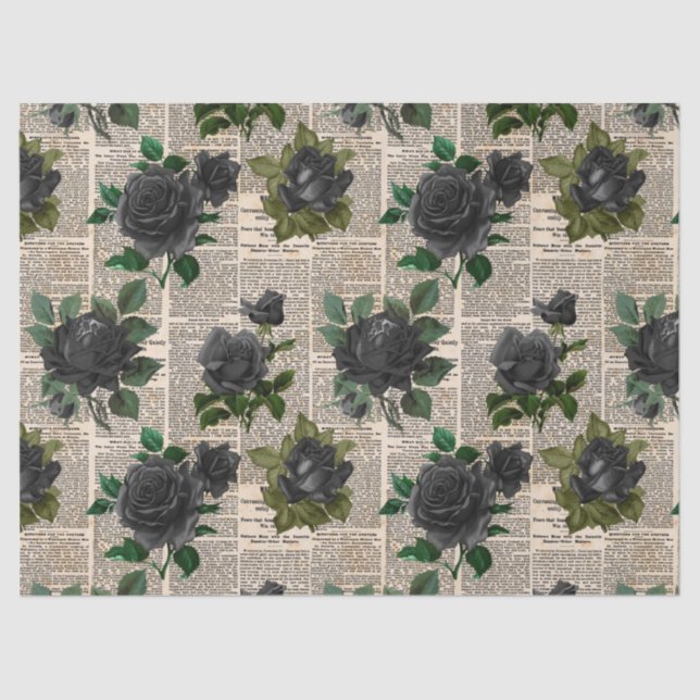 Black Roses on Vintage Newsprint Decoupage Tissue Paper (Front)