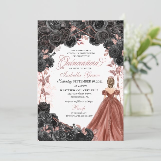Black Roses Pink Butterfly Glitter Quinceañera Invitation (Standing Front)