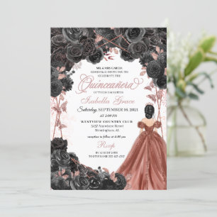Black Roses Pink Butterfly Glitter Quinceañera Invitation