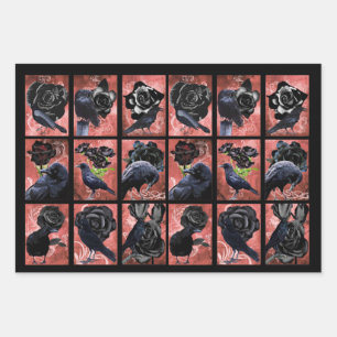 Black roses ravens and crows gothic art collage wrapping paper sheet