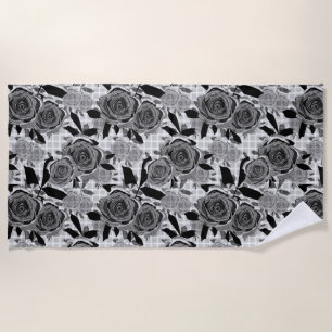 Black roses, roses, black and grey beach towel