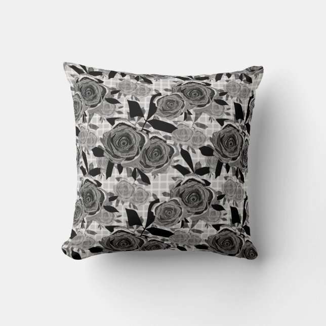 Black roses, roses, black and grey , black pattern cushion (Front)