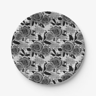 Black roses, roses, black and grey paper plate