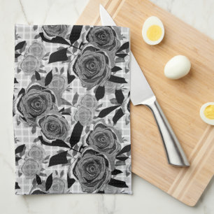 Black roses, roses, black and grey   tea towel