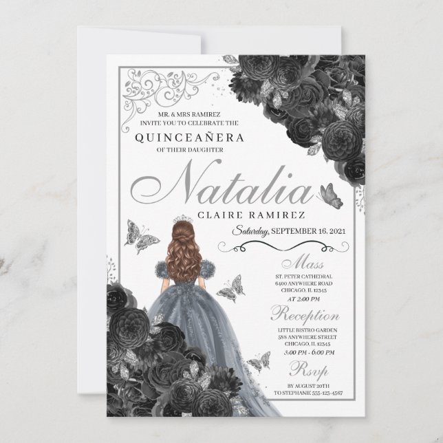 Black Roses Silver Butterfly Princess Quinceañera Invitation (Front)