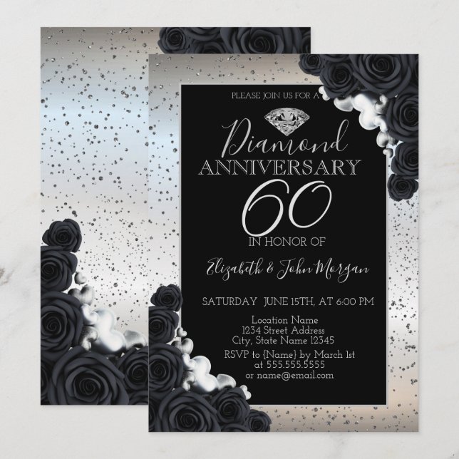 Black Roses Silver Confetti Wedding Anniversary  Invitation (Front/Back)