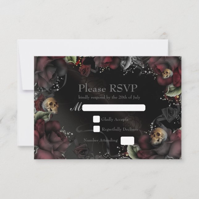 Black Roses & Skulls Gothic Wedding RSVP Card (Front)