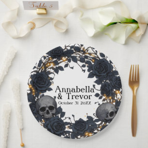 Black Roses & Skulls Personalised Gothic Wedding Paper Plate