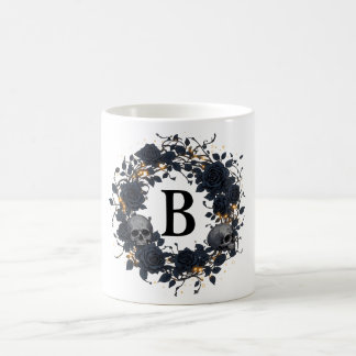 Black Roses & Skulls Personalised Initial Coffee Mug