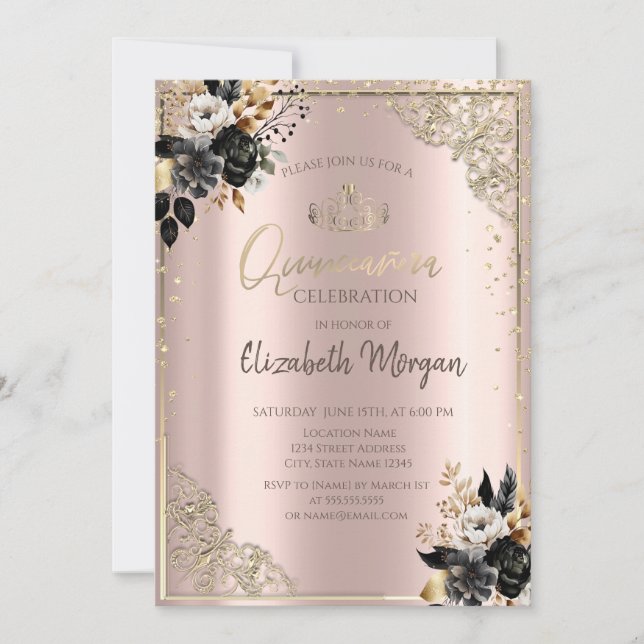 Black Roses,Tiara,Diamonds Rose Gold Quinceañera  Invitation (Front)