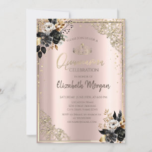Black Roses,Tiara,Diamonds Rose Gold Quinceañera Invitation