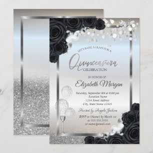 Black Roses Wine Glass Balloons Quinceañera Invitation