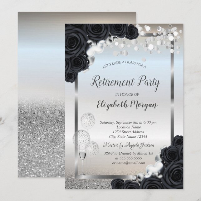 Black Roses Wine Glass Balloons Retirement   Invitation (Front/Back)