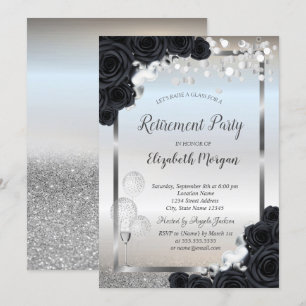 Black Roses Wine Glass Balloons Retirement   Invitation