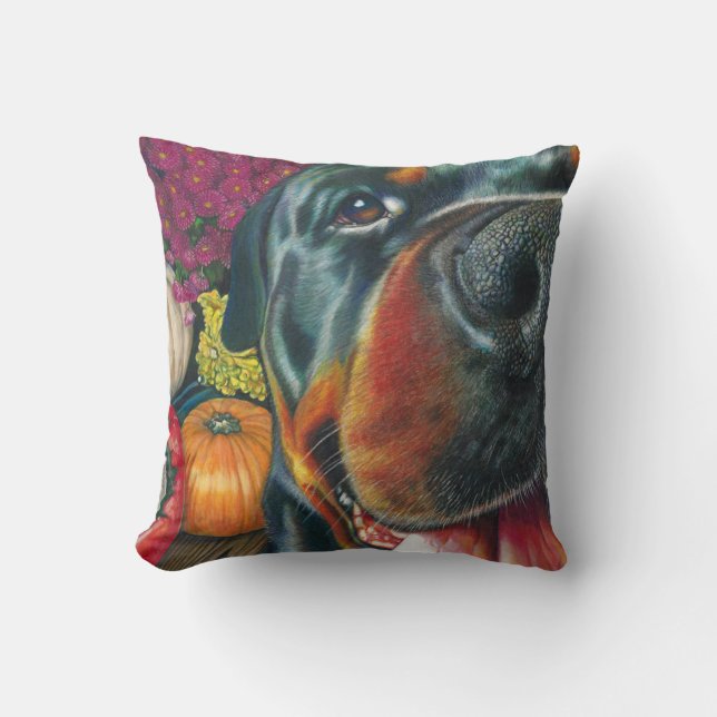 Black Rottweiler Dog Autumn Harvest Pumpkin Art Cushion (Front)