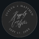 Black Round Happily Ever After Calligraphy Wedding Classic Round Sticker<br><div class="desc">This envelope seal sticker features "Happily Ever After" in a chic calligraphy script font in the centre with your names and wedding date in a round serif typography in white placed on top of a black background. Perfect for couples who love minimalist and simple designs! This product is part of...</div>