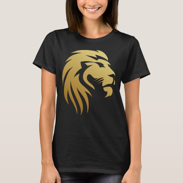 Black Round Neck T-Shirt with Gold Lion Face Print (Front)