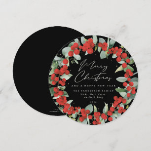 Black Round Red Berry+Eucalyptus Christmas Wreath Holiday Card