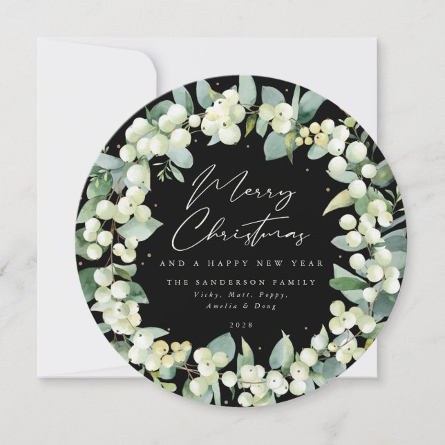 Black Round Snowberry+Eucalyptus Christmas Wreath Holiday Card (Front)