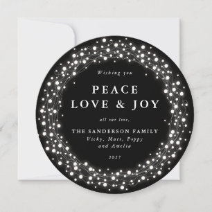 Black Round Sparkling Lights Peace Love + Joy Holiday Card