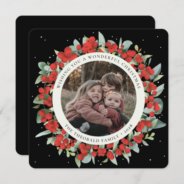Black Round/Square Red Berries+Eucalyptus Photo Holiday Card (Front/Back)