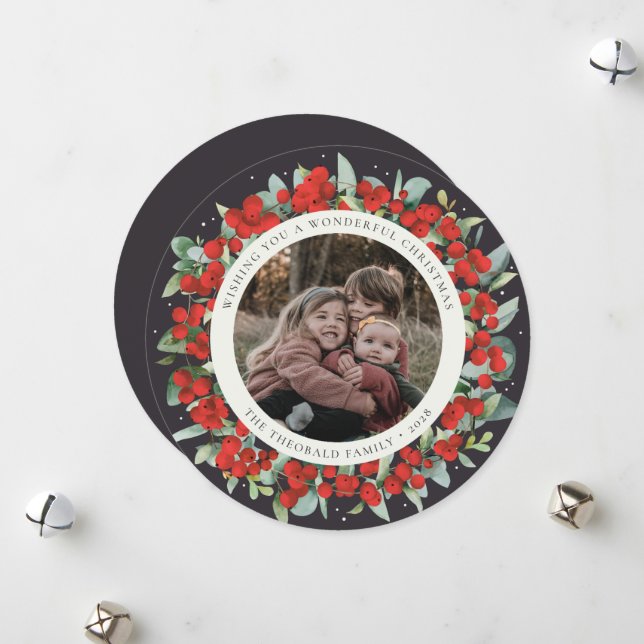 Black Round/Square Red Berries+Eucalyptus Photo Holiday Card (Front/Back In Situ)