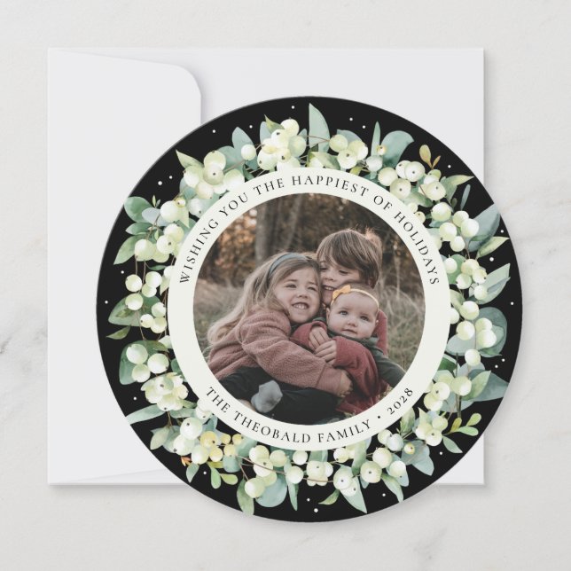 Black Round/Square Snowberry+Eucalyptus Photo Holiday Card (Front)