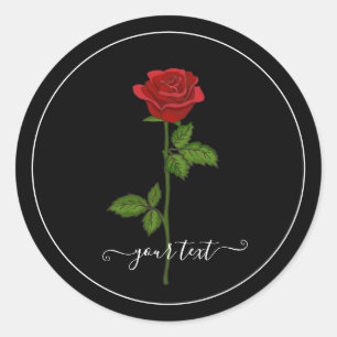 Black Round Sticker with Red Rose & Custom text