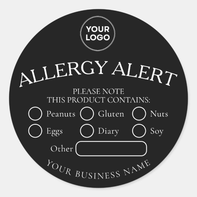 Black Round White Black Food Allergy Alert Sticker (Front)