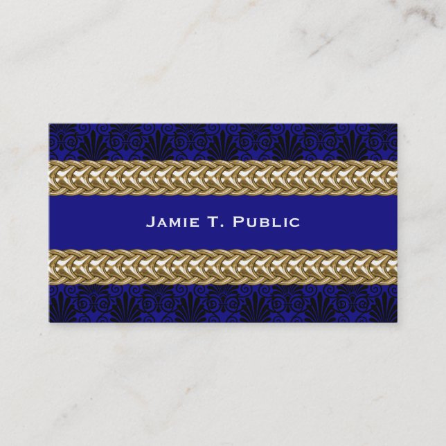 Black Royal Blue Damask Gold Chain Business Card (Front)