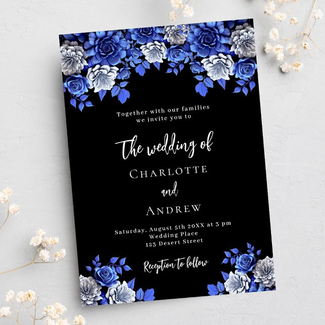 Black royal blue florals luxury wedding invitation (Creator Uploaded)