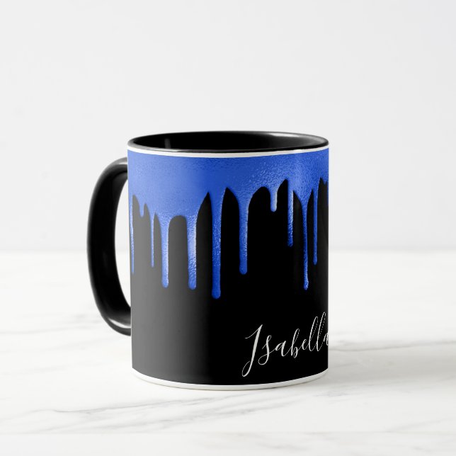 Black royal blue glitter drips name script mug (Front Left)