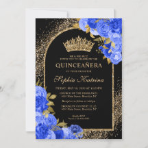 Black Royal Blue Gold Glitter Floral Quinceanera