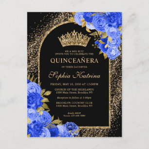 Black Royal Blue Gold Glitter Floral Quinceanera Invitation Postcard