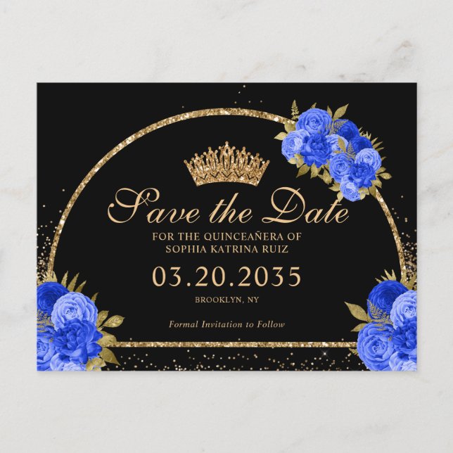 Black Royal Blue Gold Glitter Floral Quinceanera Postcard (Front)