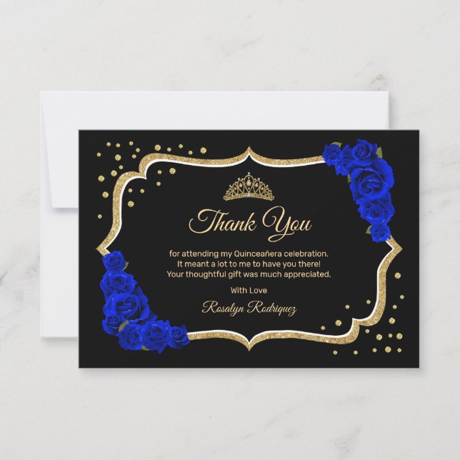 Black Royal Blue Gold Quinceanera Thank You Card (Front)