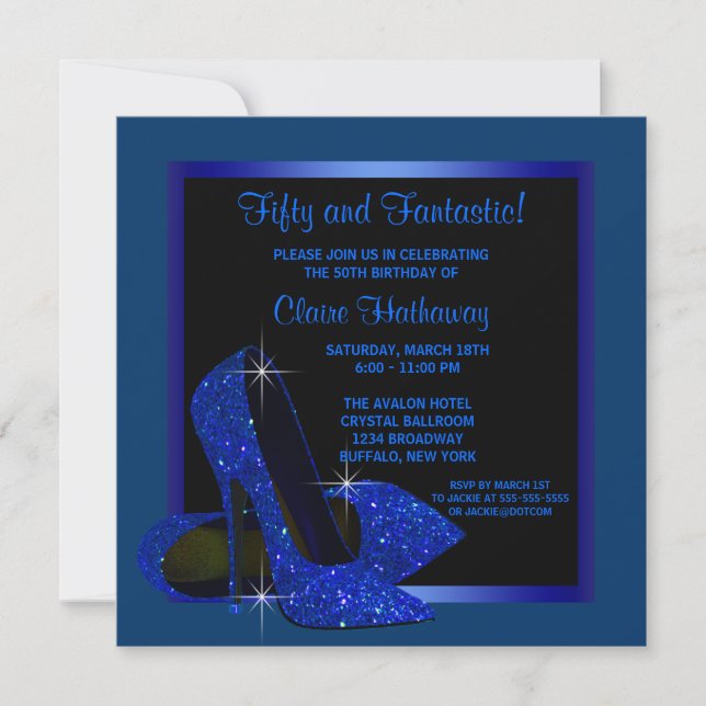 Black Royal Blue High Heels Womans Birthday Party Invitation (Front)