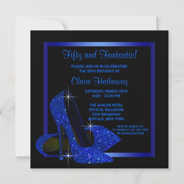 Black Royal Blue High Heels Womans Birthday Party Invitation (Front)