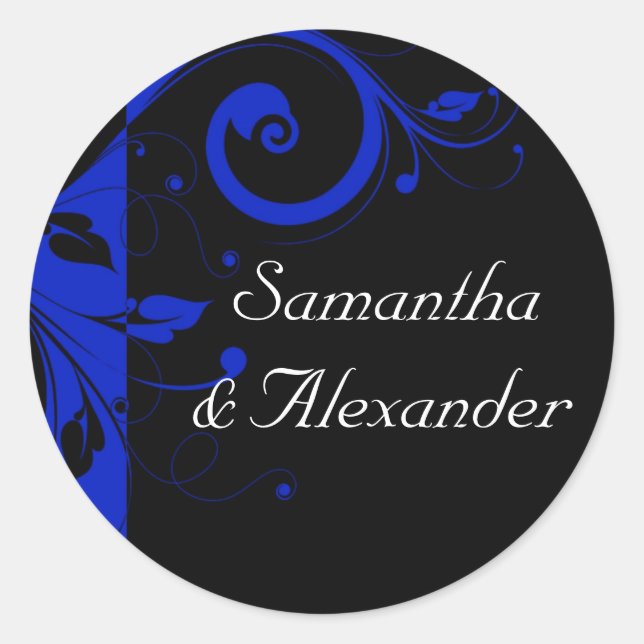 Black/Royal Blue Reverse Swirl Wedding Classic Round Sticker (Front)