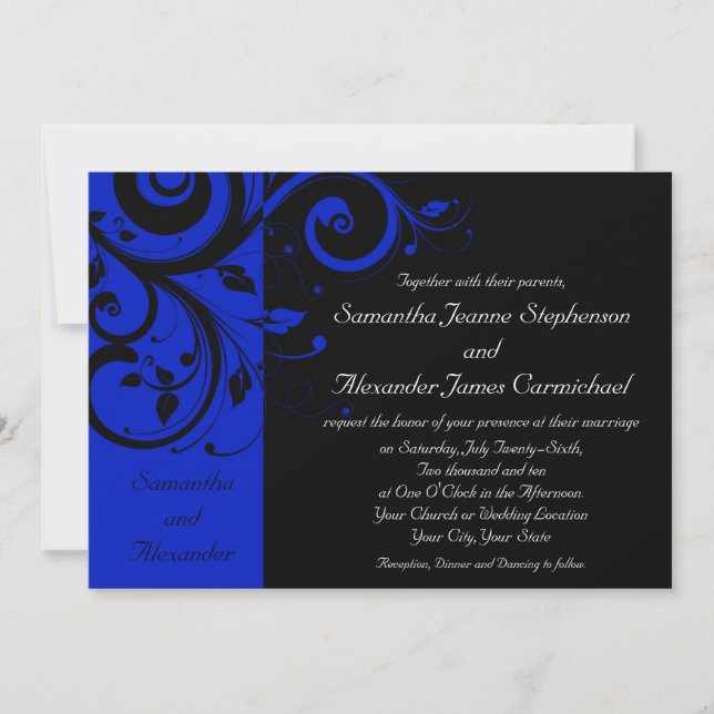 Black/Royal Blue Reverse Swirl Wedding Invitation (Front)