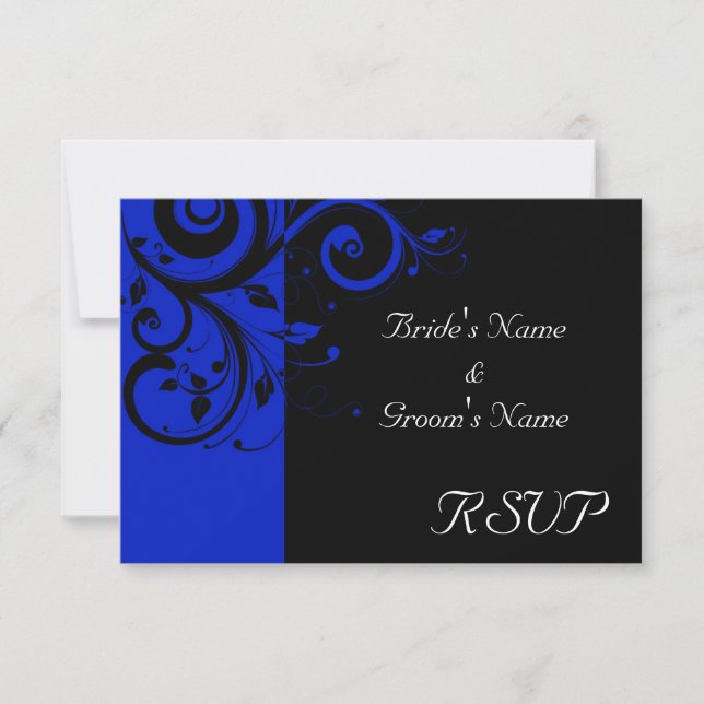 Black/Royal Blue Reverse Swirl Wedding RSVP Card (Front)