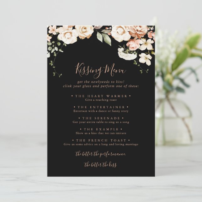 Black Royal Floral  Wedding Kissing Menu Game Card (Standing Front)