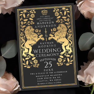 Black Royal Lion Mediaeval Gold Wedding Invitation