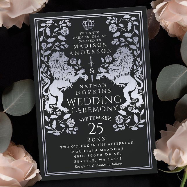 Black Royal Lion Mediaeval Silver Wedding Invitation (Creator Uploaded)
