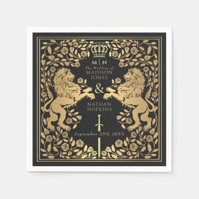 Black Royal Lion Mediaeval Sword Wedding  Napkin (Front)