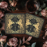 Black Royal Lion Mediaeval Sword Wedding Square Paper Coaster<br><div class="desc">Add royal charm to your tablescape! These custom wedding coasters feature a majestic lion and floral design with your names and monogram, all in luxurious gold against a black background. Perfect for a mediaeval fantasy celebration with timeless elegance! The gold featured on this item is NOT real foil and is...</div>