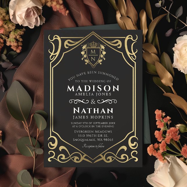 Black Royal Mediaeval Fantasy Monogram Wedding  Invitation (Creator Uploaded)