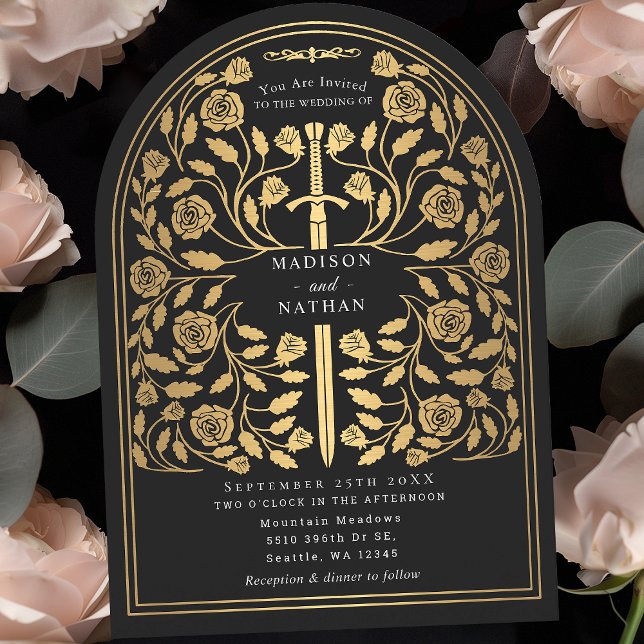 Black Royal Mediaeval Gold Sword Wedding Arch Invitation (Creator Uploaded)