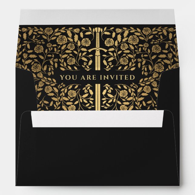 Black Royal Mediaeval Gold Sword Wedding Envelope (Back (Bottom))