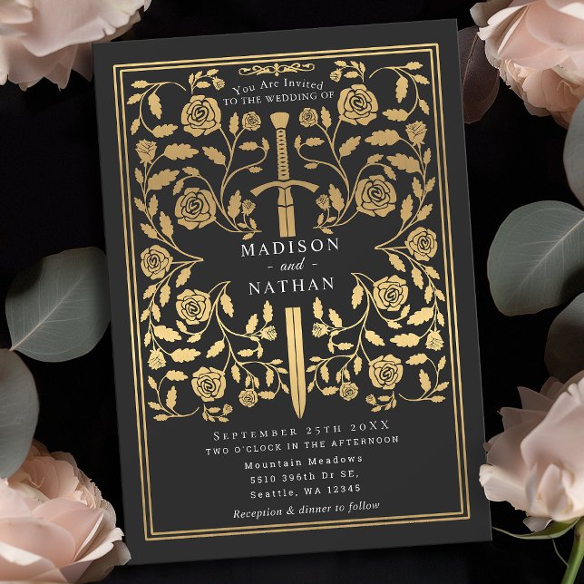 Black Royal Mediaeval Gold Sword Wedding Invitatio Invitation (Creator Uploaded)